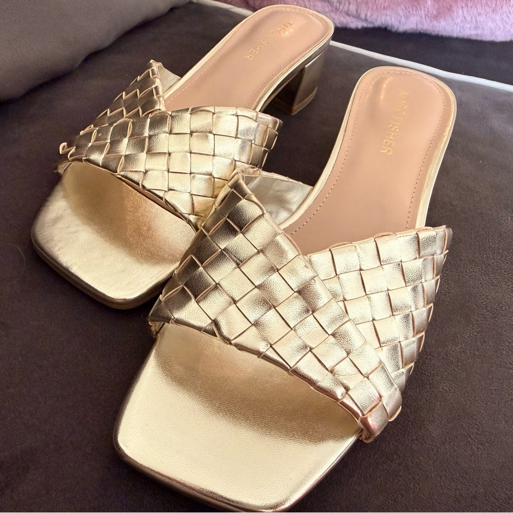 Marc Fisher Chesley Sandal Gold Woven Heeled Mules